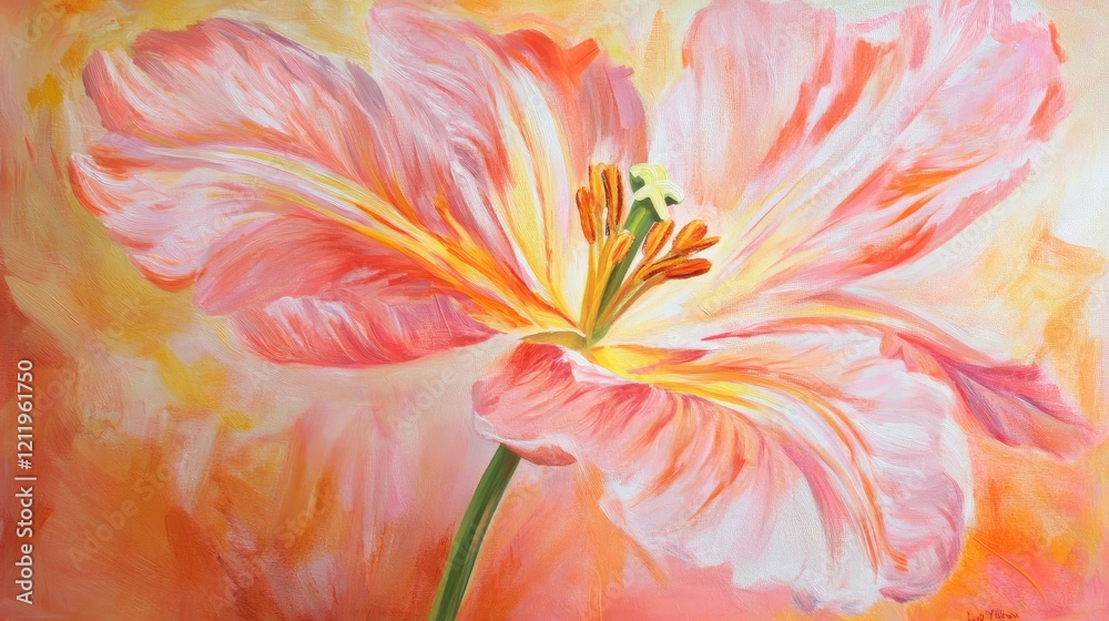 Aufkleber peach tulip blossom with stamen against warm abstract background in soft pastel tones