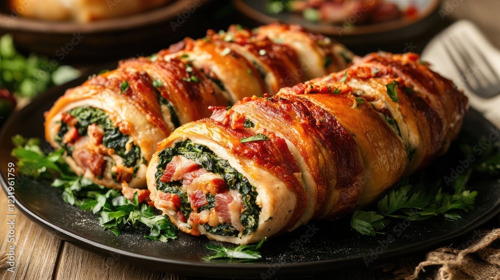 Poster turkey roll stuffed with spinach and bacon garnished with fresh herbs on a rustic wooden table