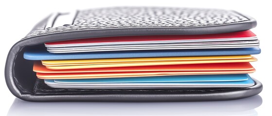 Colorful credit cards in a black leather wallet.