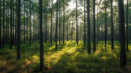 Obraz premium Lush Tropical Pine Forest with Sunlight Illuminating the Understory and Tall Trees in a Serene Natural Environment