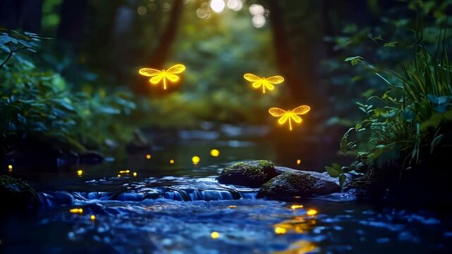 Enchanted Forest Stream: Glowing Dragonflies and Fireflies at Dusk - 4K Nature Scenery
