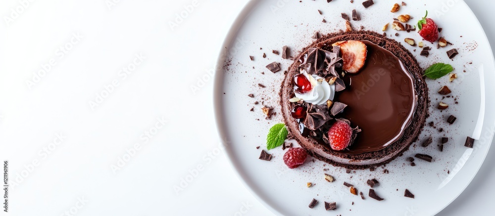 Poster decadent chocolate layer cake topped with rich ganache garnished with strawberries and mint on a sle