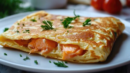 Savory omelette stuffed with fresh salmon and garnished with herbs on a white plate.