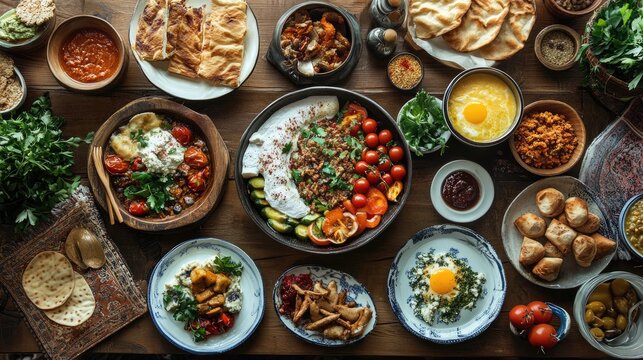 Turkish breakfast table featuring boyoz and various traditional dishes arranged beautifully to showcase cultural cuisine.
