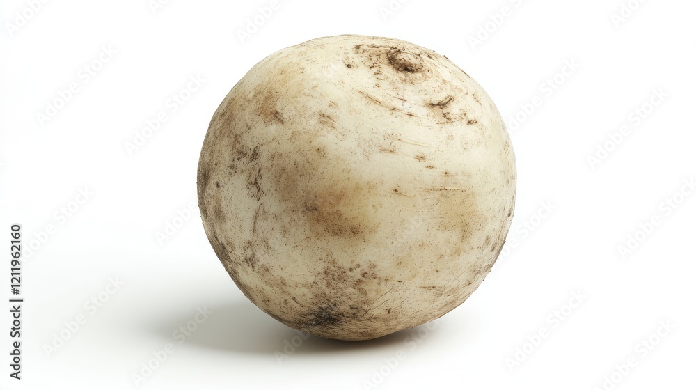 Poster Turnip vegetable displayed on a clean white background showcasing its round shape and earthy texture for culinary and health themes.