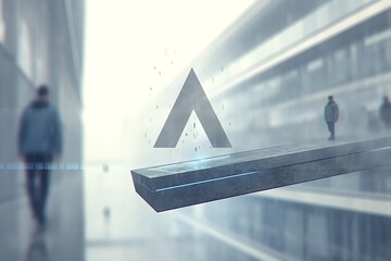 Futuristic triangle symbol levitates above a platform.