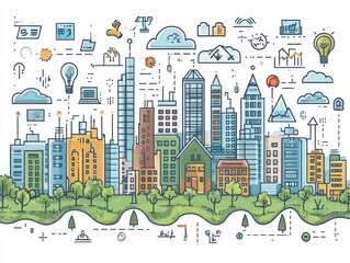 Naklejka premium Illustration of Urban Landscape with Environmental and Social Themes