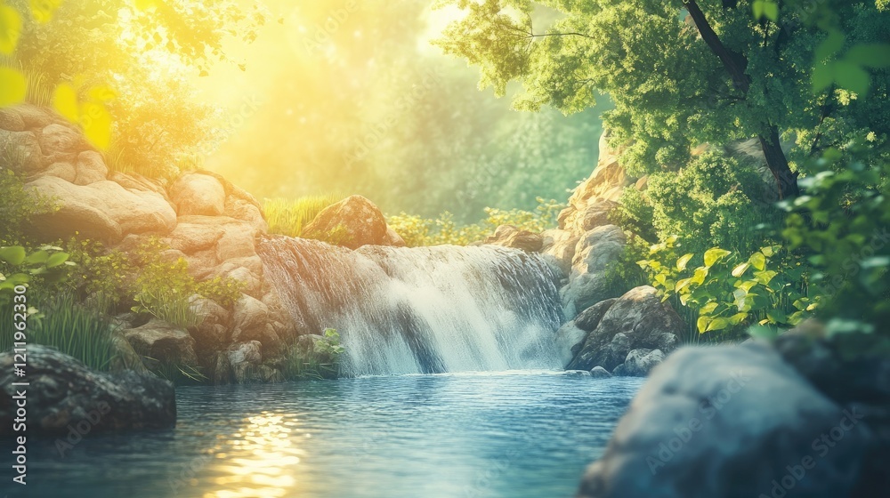 Aufkleber serene mountain stream cascading through lush greenery in a tranquil nature park at sunrise with bre