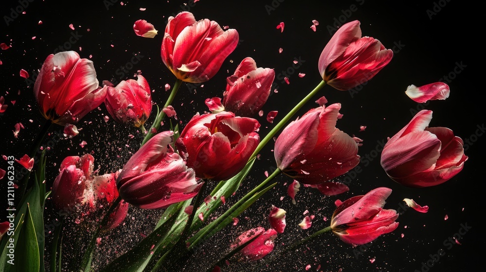 Poster Dynamic Blooming Red Tulips Exploding with Petals Against a Dark Background