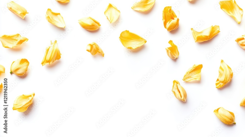 Poster yellow tulip petals isolated on white background creative composition with copy space for floral des