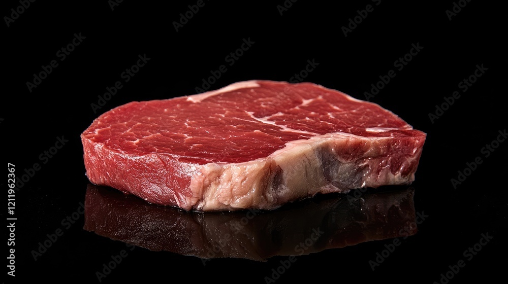 Poster raw tuna steak isolated on a reflective black background showcasing its fresh texture and color idea
