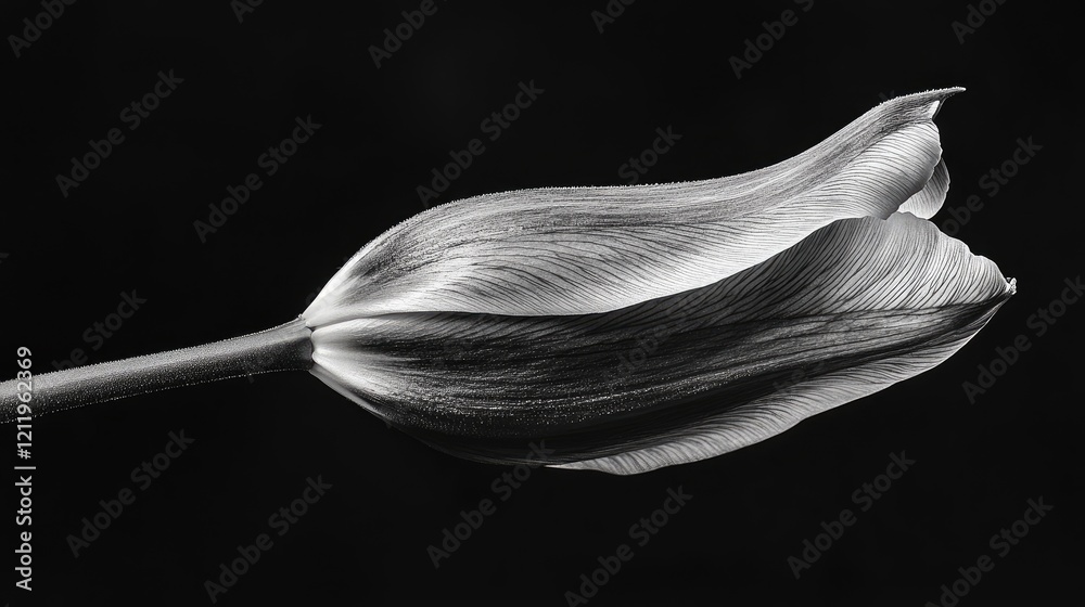 Poster Elegant tulip bud illuminated from behind highlighting delicate textures in monochrome against a dark background