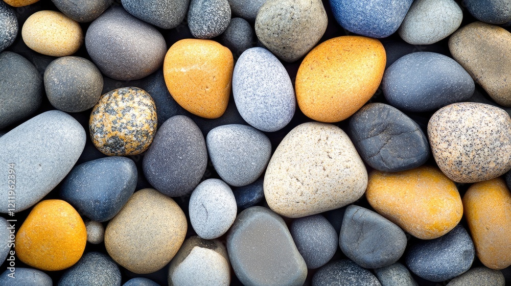Poster colorful smooth stones in a neatly arranged pattern for background or textural elements in design pr