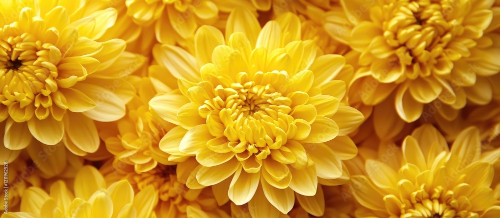 Aufkleber Vibrant top view of a lush yellow chrysanthemum floral frame against a soft blurred background, ideal for elegant text placement in design.