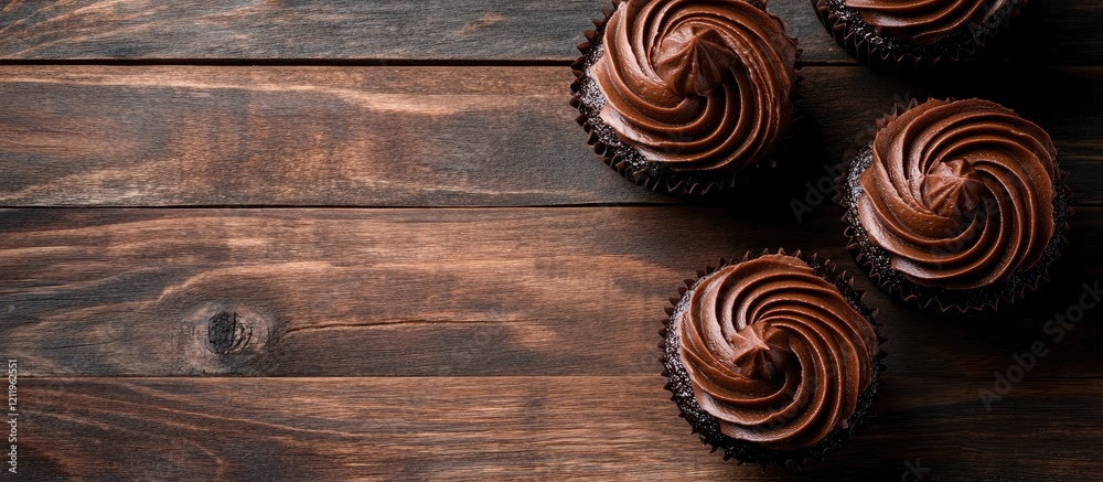 Poster Top view of decadent chocolate cupcakes with swirling frosting on rustic dark wooden surface with ample negative space for text or design elements
