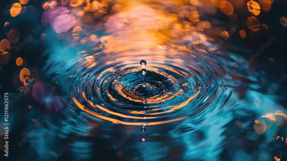 Leinwandbilder defocused top view of a raindrop creating ripples in a colorful puddle with vibrant orange and blue 