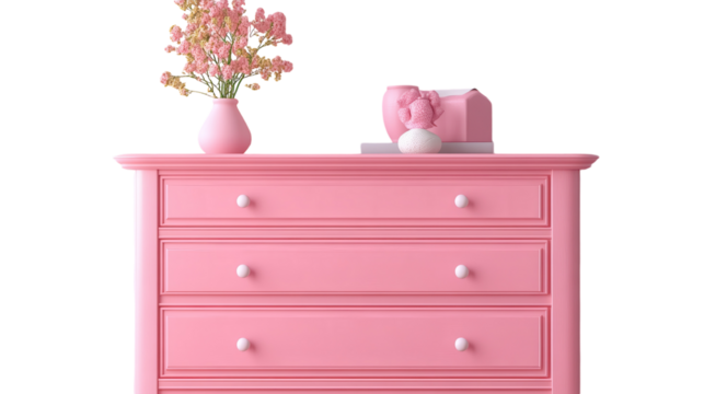 A beautifully styled pink dresser adorned with flowers and decorative objects in a bright setting