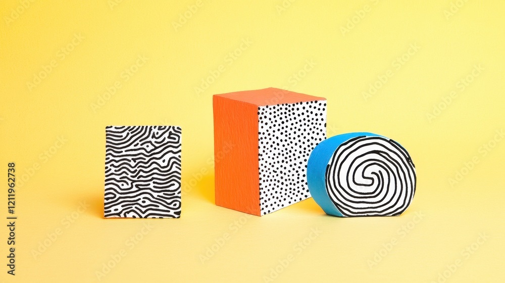 Poster dynamic three-dimensional geometric shapes with abstract patterns on vibrant yellow background