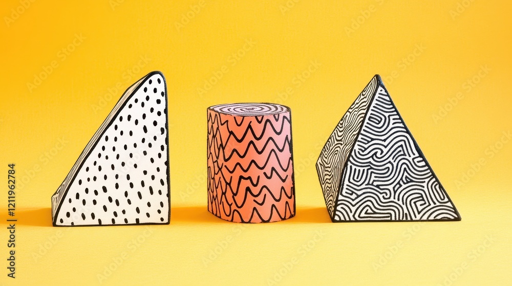 Poster Dynamic Three-Dimensional Geometric Shapes on Yellow Background with Bold Patterns and Textures