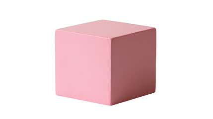 A pastel pink cube sitting in a bright room with warm light illuminating its smooth surface
