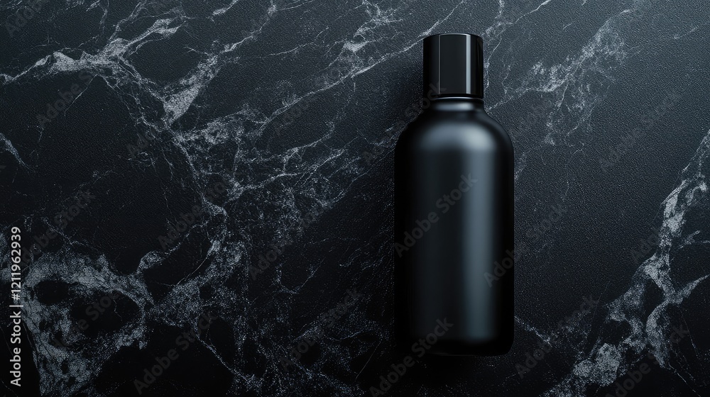 Poster Sleek dark bottle on black marble surface in minimalist style setting with ample space for text emphasizing elegance and sophistication
