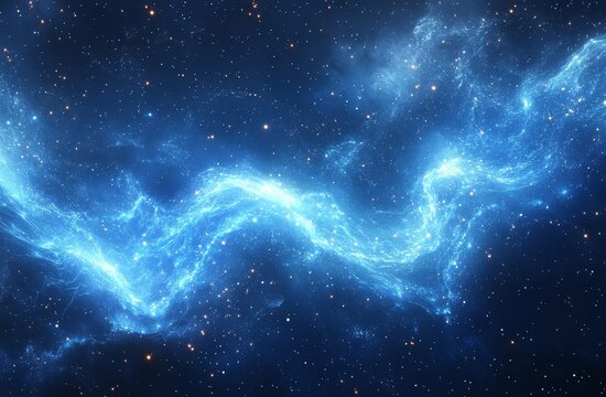 Abstract blue wave background with glowing particles and dots representing digital data flow, futuristic technology concept for data processing and connectivity.