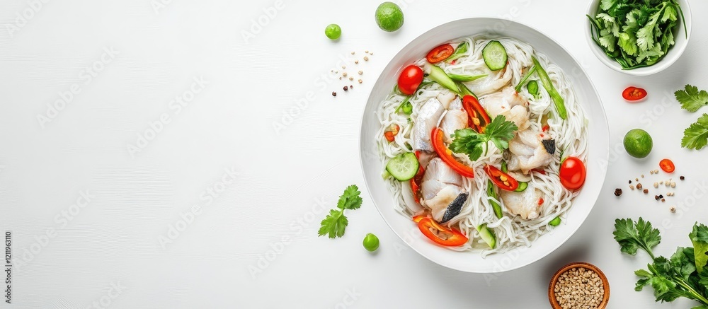 Aufkleber bowl of vibrant asian rice noodles with fish and colorful fresh vegetables on a clean white backgrou