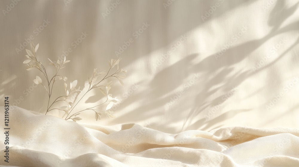 Poster minimalist beige ceramic tabletop with softly draped linen fabric and delicate floral shadows creati