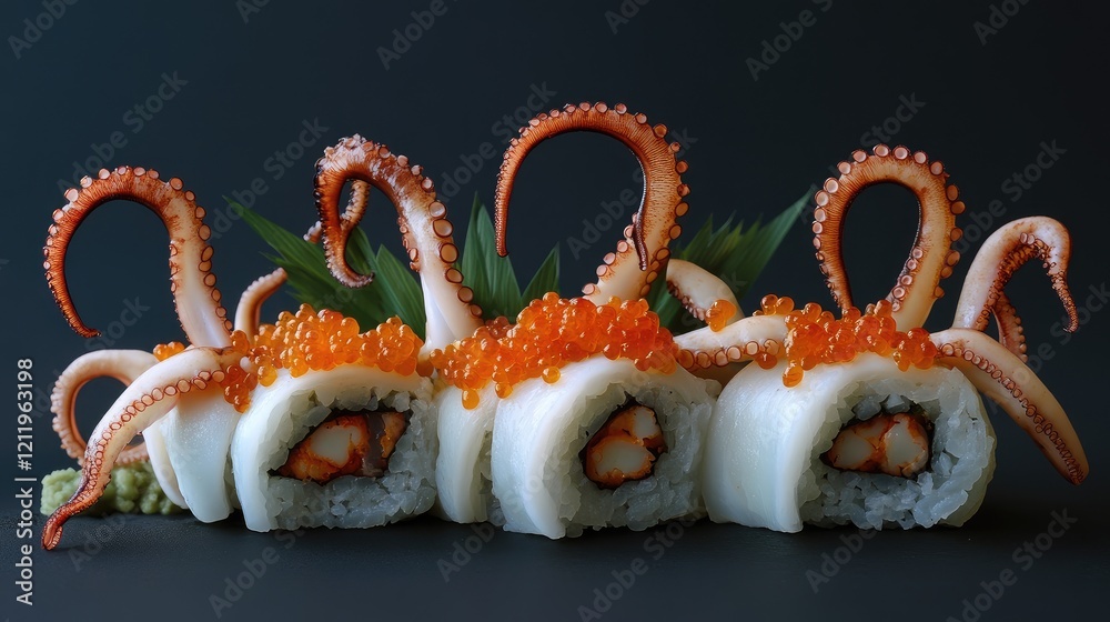 Aufkleber sculpted sushi display featuring true squid legs garnished with salmon roe and fresh herbs on a dark