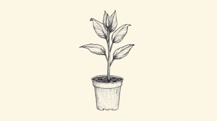 Fototapeta premium Hand-drawn sketch of a potted plant with five leaves.