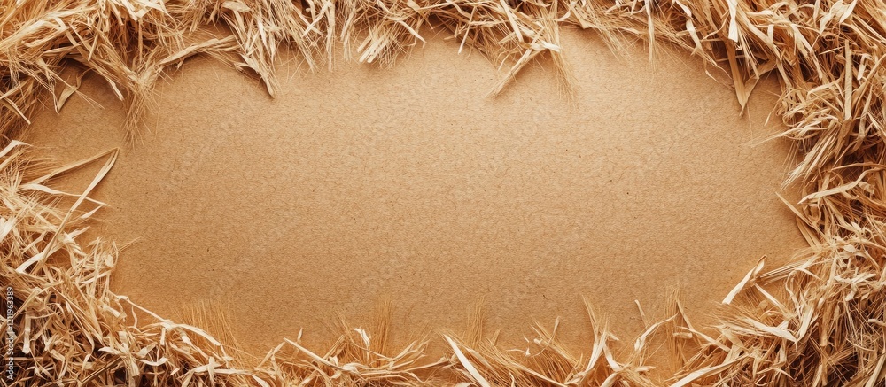Poster Golden wheat straw texture with empty space for text surrounded by diverse straw fibers in warm earthy tones, ideal for agricultural backgrounds.