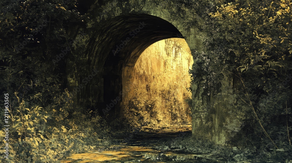 Poster mystical abandoned tunnel emerging into overgrown foliage and soft golden light inviting exploration