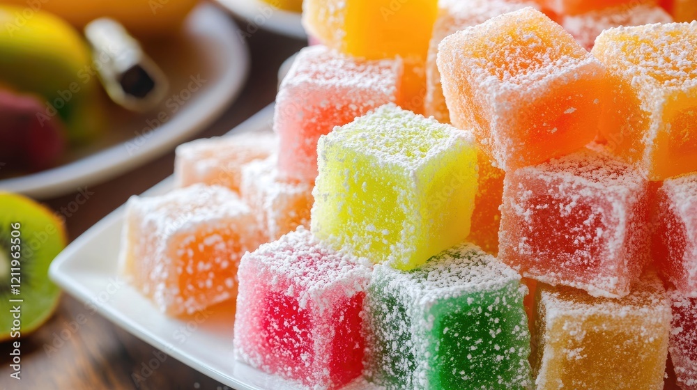 Poster colorful assortment of turkish delight candies dusted with powdered sugar on a serving plate with fr