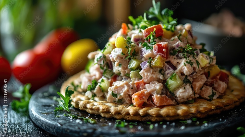 Poster Vibrant tuna salad with colorful vegetables served on a crispy cracker against a dark rustic background