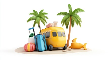 Obraz premium Colorful Cartoon Beach Scene with Yellow Van and Palm Trees