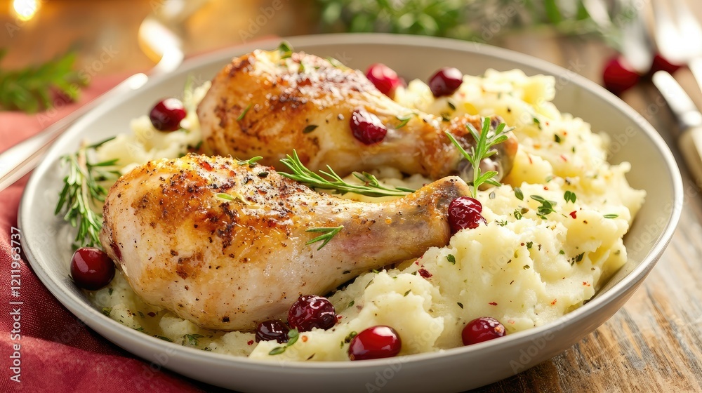 Poster Turkey Drumsticks Served with Creamy Mashed Potatoes and Fresh Cranberries on a Rustic Table Setting