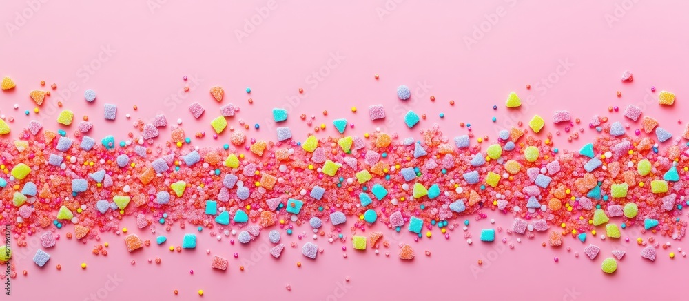 Aufkleber Vibrant assortment of colorful gummy candies and sugar sprinkles scattered on a soft pink background with ample empty space for creative text insertion.