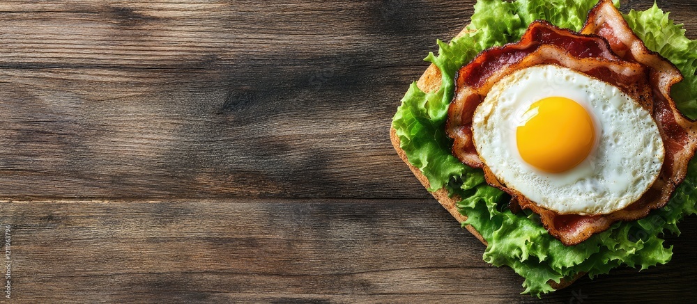 Aufkleber Breakfast sandwich with crispy bacon and fried egg on fresh green lettuce served on a rustic wooden table with empty space for text