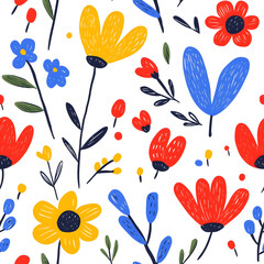 Folk art inspired seamless pattern with flowers, geometric organic shapes, on white background 