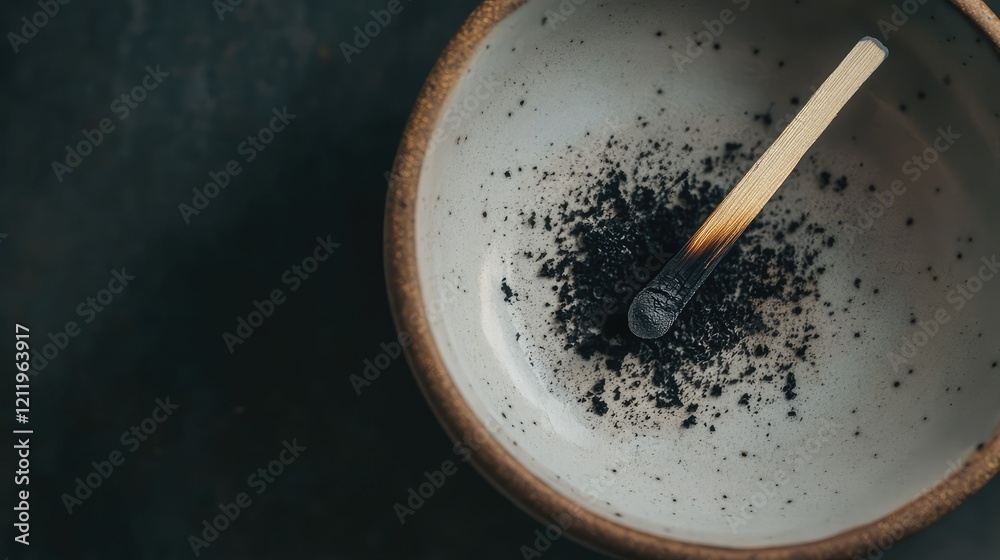 Poster aerial view of a burnt matchstick resting on charcoal residue in a textured ceramic bowl with earthy