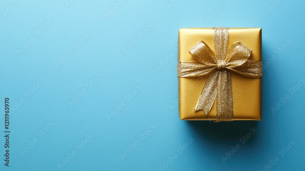 Poster festive golden gift box adorned with a shimmering ribbon on a vivid blue background in a flat lay co