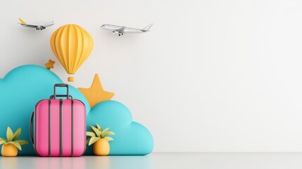Colorful Travel Elements with Case, Hot Air Balloon, and Planes