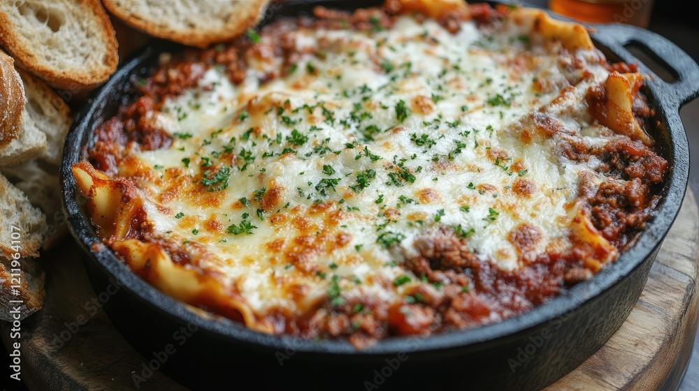 Aufkleber rustic top view of spicy lasagna bolognese enhanced with melted cheese and fresh parsley served with