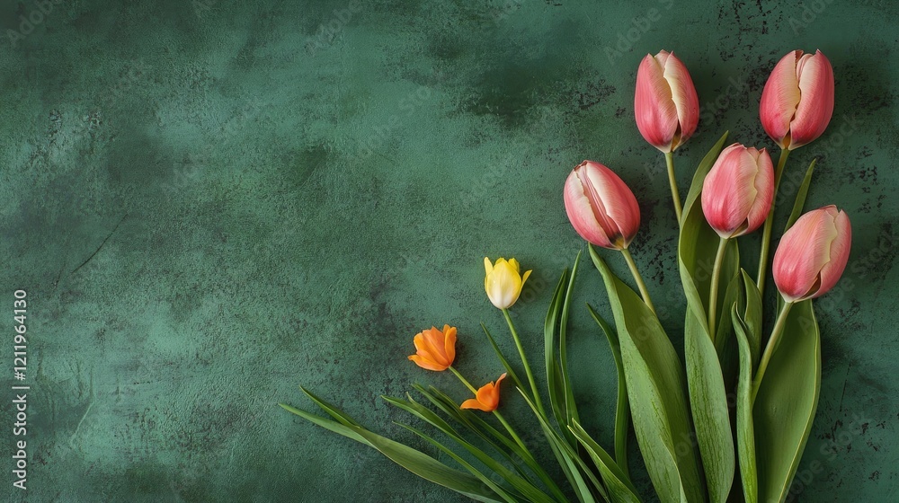 Wall mural tulip flowers in various colors arranged on a textured green background creating a serene and natura