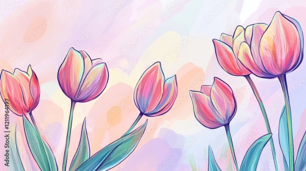 Poster Pastel Tulips in Bloom with Soft Background in Gentle Colors Perfect for Spring and Floral Designs