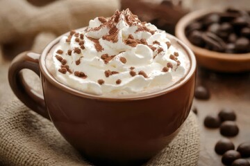 Cozy Caf&eacute; Setting Featuring a Whipped Cream Topped Latte with Cocoa Dusting Bathed in Golden Hour Sunlight, Ideal for Comfort and Relaxation Imagery
