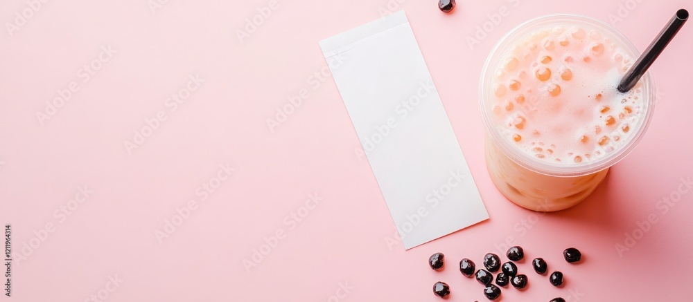 Poster boba tea cup with milk tea and tapioca pearls on pink table with blank receipt and coffee beans in r