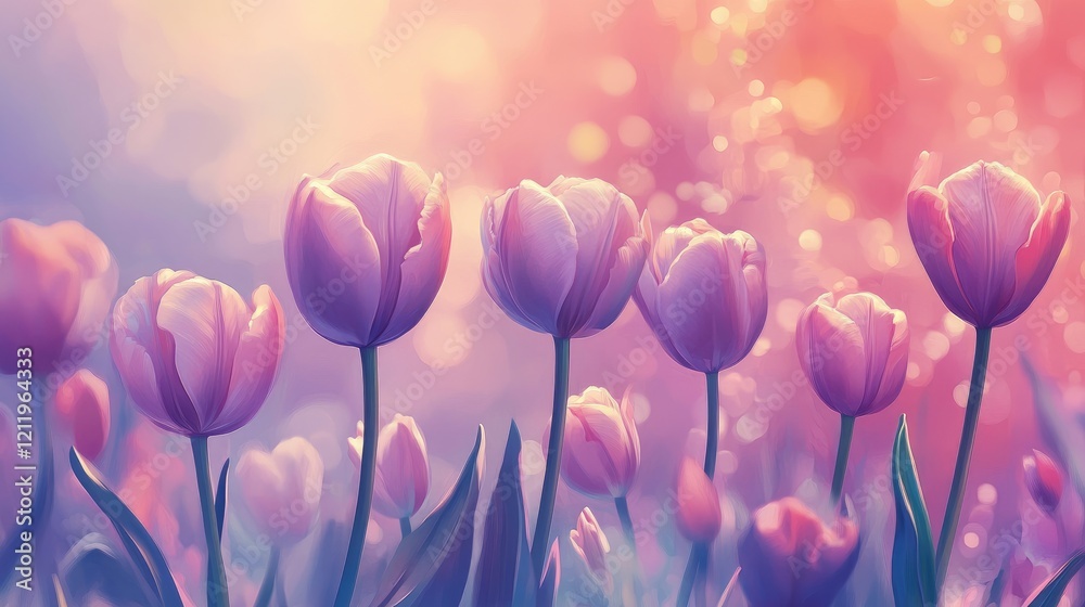 Poster delicate tulip flowers in shades of purple against a dreamy pastel background with soft bokeh lights