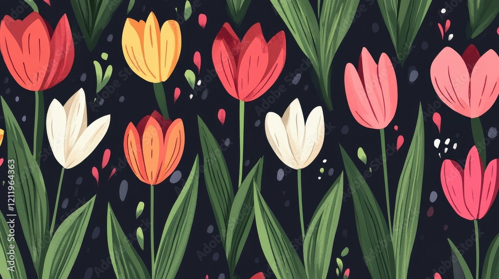 Poster colorful tulips adorned with vibrant petals set against a dark background creating a striking floral