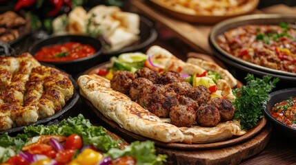 Obraz premium Turkish cuisine featuring stuffed wraps, raw meatballs, salads, and a variety of local appetizers served on rustic wooden platters